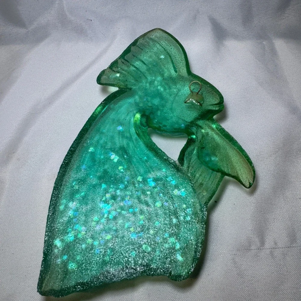 Vintage Green Resin Fish Wall Hanging Iridescent Confetti Nautical Decor 7in